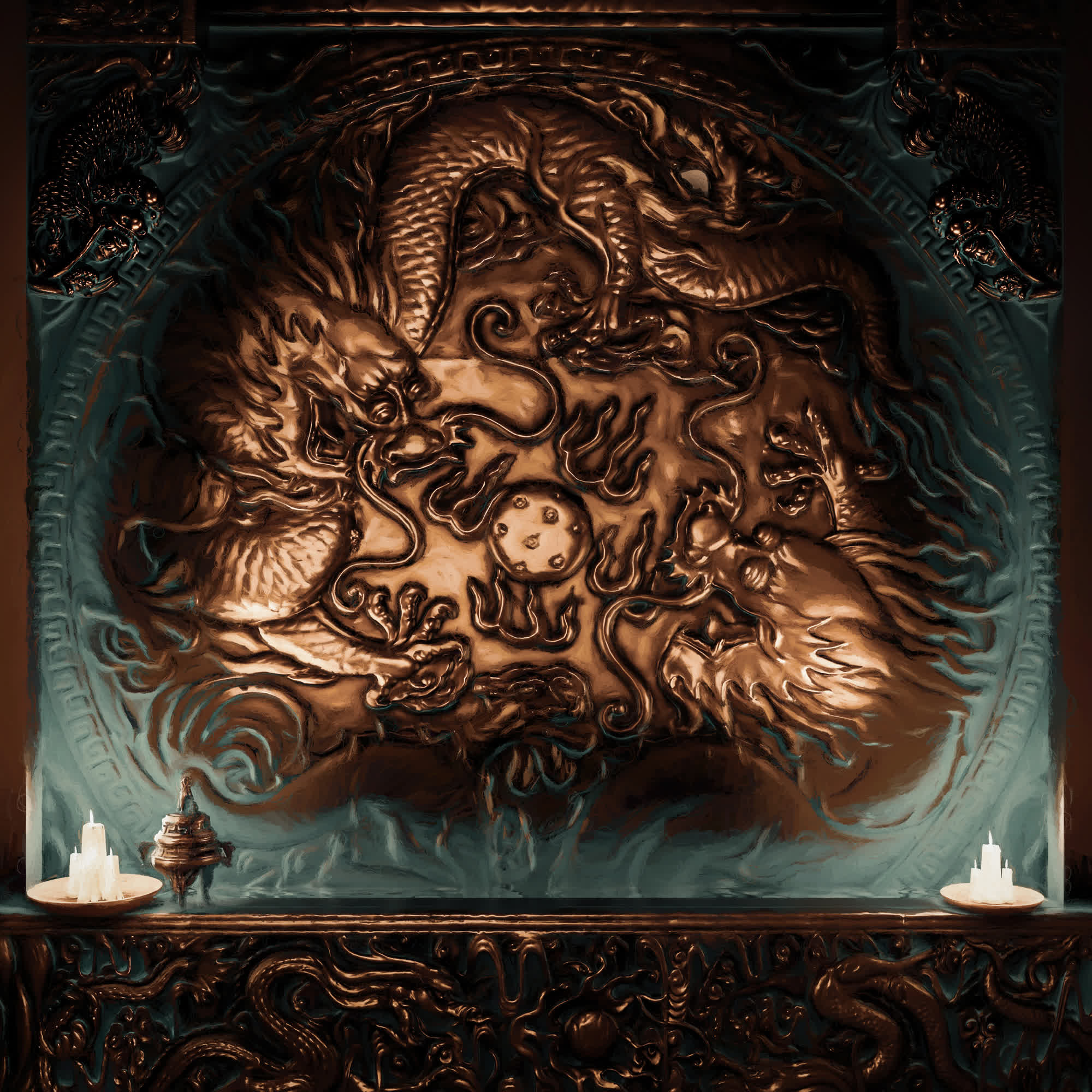 Dragon Relief — twin temple dragons rebuilt as a digital relief